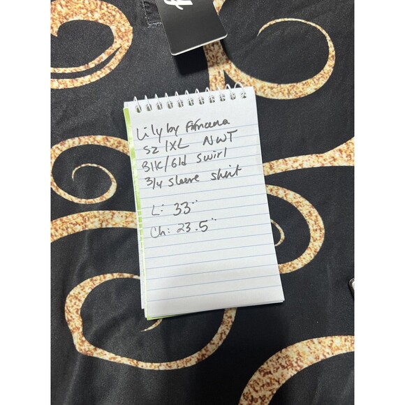 Lily By Firmiana Tunic Top Plus Size 1X Blouse Black Gold Swirl Flowy 3/4 Sleeve - Picture 8 of 8